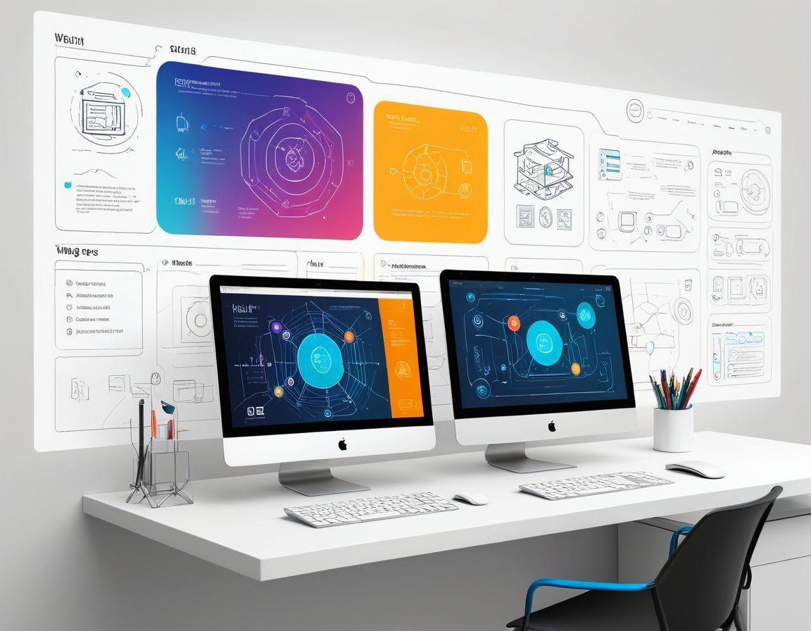 An intricate, futuristic interface displaying various stages of web development from design sketches, wireframes, coding, and deployment screens all interconnected with sleek lines and glowing elements. Incorporate modern technology symbols like HTML/CSS, JavaScript, cloud deployment, and responsive design. Vibrant colors with a clear, white background for a clean look. 3D, super-realistic style.
