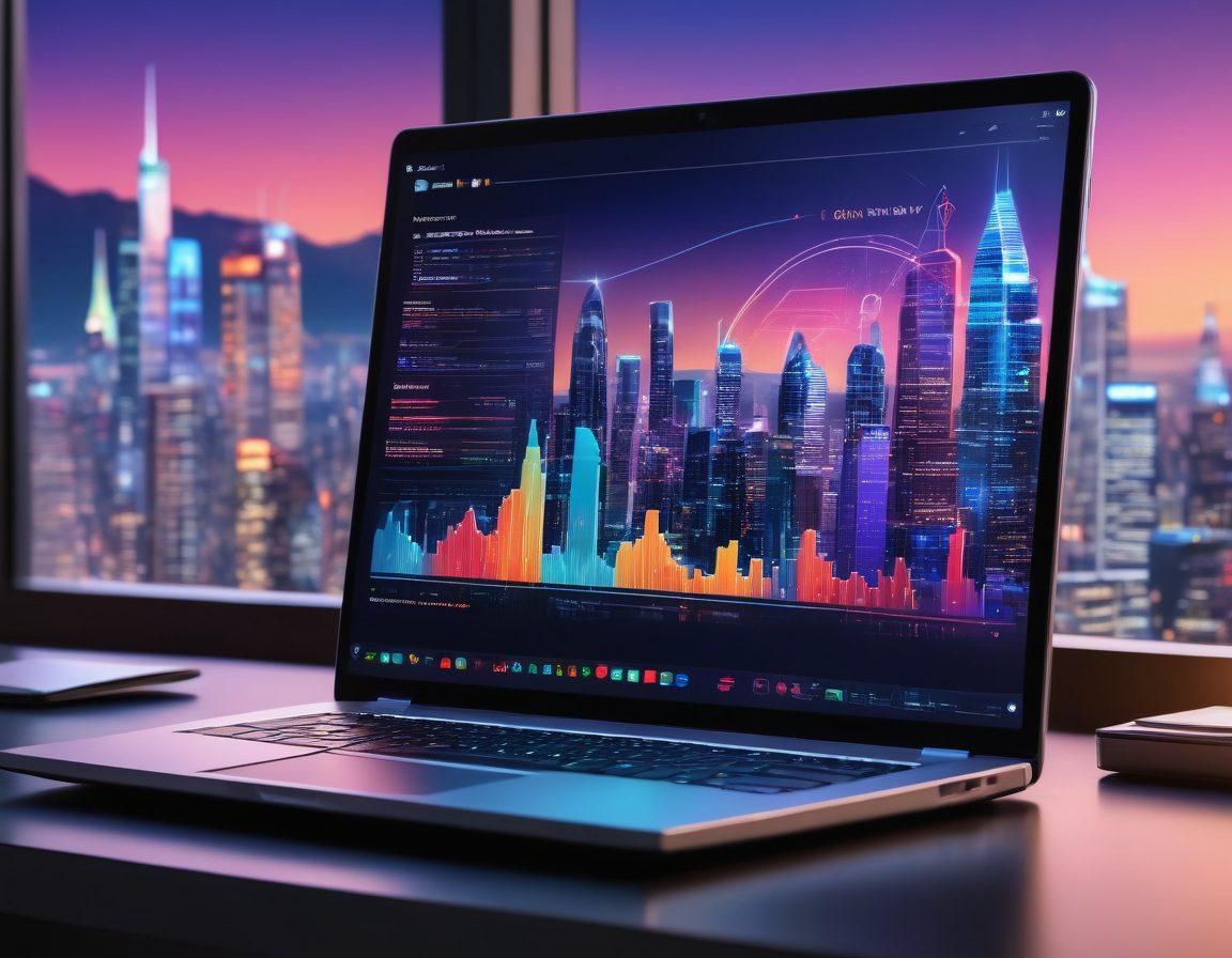A sleek laptop showcasing a vibrant dashboard with SEO analytics graphs, a secure lock icon, and magnifying glass hovering over code. Background features a futuristic city skyline reflecting innovation and technology. super-realistic. vibrant colors. modern digital art.