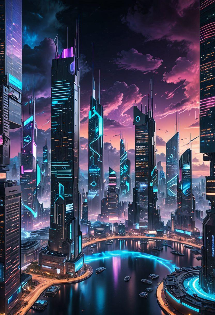 A futuristic cityscape made of glowing data streams and code fragments, with developers working on floating holographic screens in the foreground and cloud servers in the sky. The entire scene is vibrant with neon colors and hi-tech gadgets. cyberpunk. 3D. vibrant colors.